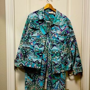 CHICO’S FUN MULTI-COLOR DENIM STYLE JACKET AND MATCHING PANTS SIZE 3